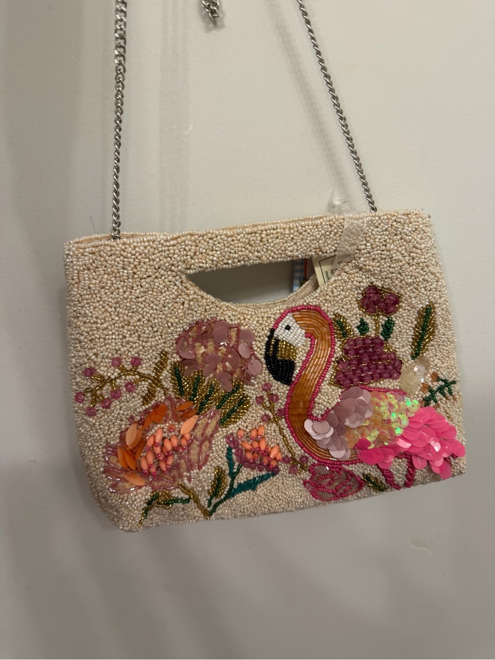 Embellished Pink Flamingo Beaded Shoulder Bag